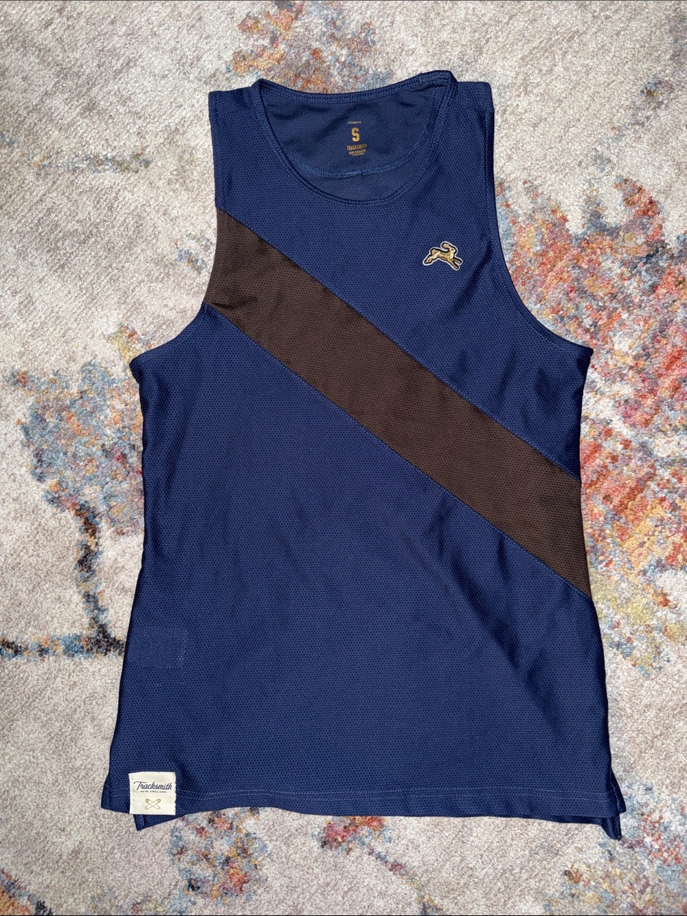 Tracksmith Navy Blue Tank with Brown Diagonal Stripe